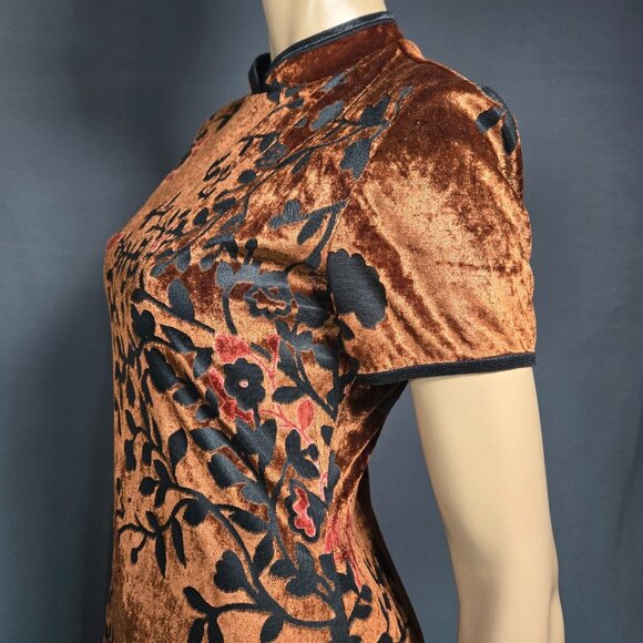 Vintage 90s Brown Floral Velvet Maxi Dress Size 8 Asian Cocktail Gothic Vampy - Picture 5 of 13